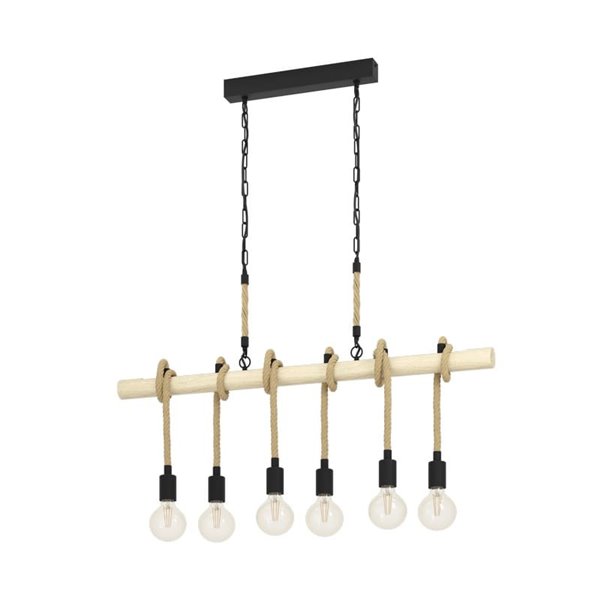Lampe à suspension YOUNGSTOWN avec barre en bois, 6 supports de lampe suspendus en corde de chanvre, 6XE27