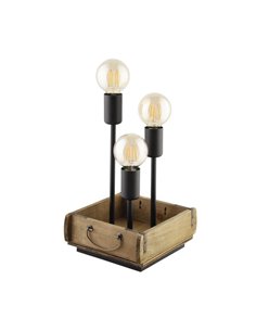 Lámpara de Sobremesa WOOTTON con Caja de Madera Vintage y 3 Portalámparas de Metal Negro, E27