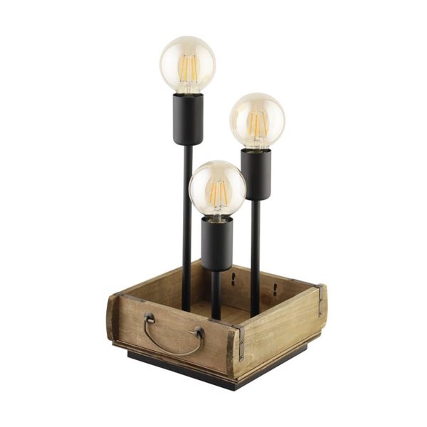Lámpara de Sobremesa WOOTTON con Caja de Madera Vintage y 3 Portalámparas de Metal Negro, E27