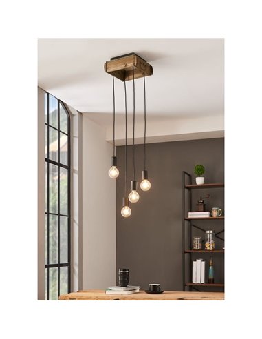 Lámpara Colgante WOOTTON con Caja de Madera Vintage y 4 Portalámparas de Metal Negro, 4XE27