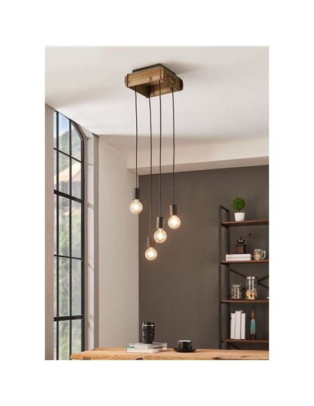 Candeeiro suspenso WOOTTON com caixa de madeira vintage e 4 suportes de metal preto, 4XE27