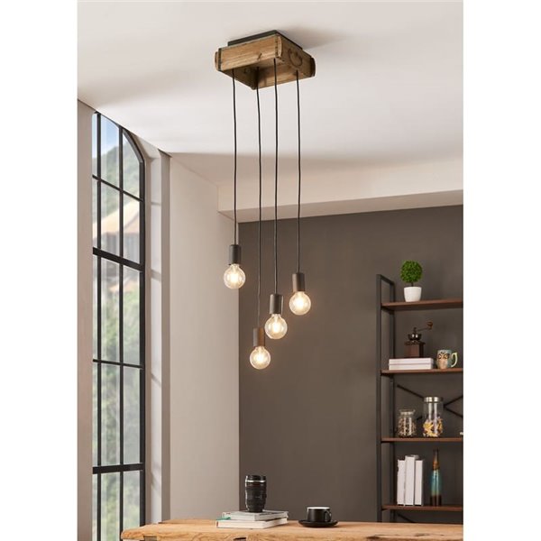 Lámpara Colgante WOOTTON con Caja de Madera Vintage y 4 Portalámparas de Metal Negro, 4XE27