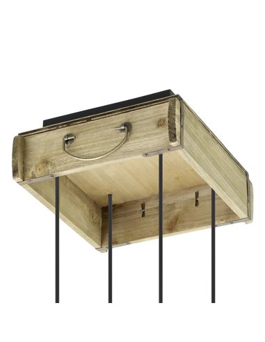Lámpara Colgante WOOTTON con Caja de Madera Vintage y 4 Portalámparas de Metal Negro, 4XE27