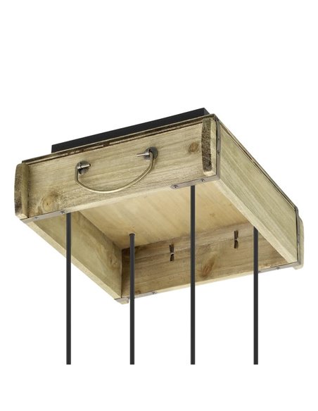 Lámpara Colgante WOOTTON con Caja de Madera Vintage y 4 Portalámparas de Metal Negro, 4XE27