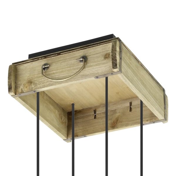 Lámpara Colgante WOOTTON con Caja de Madera Vintage y 4 Portalámparas de Metal Negro, 4XE27