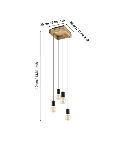 Candeeiro suspenso WOOTTON com caixa de madeira vintage e 4 suportes de metal preto, 4XE27