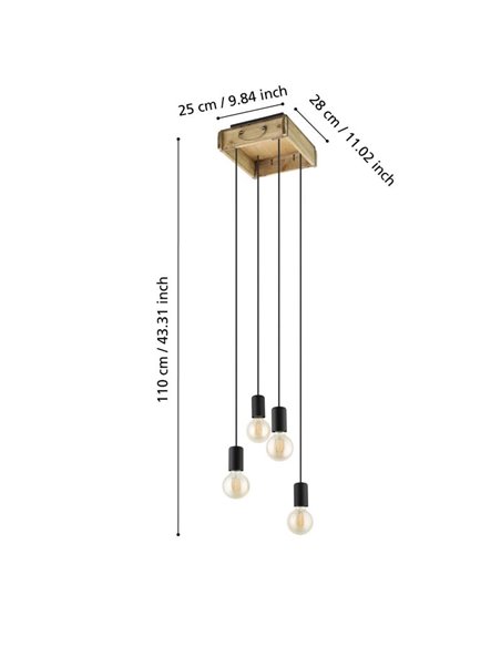 Lámpara Colgante WOOTTON con Caja de Madera Vintage y 4 Portalámparas de Metal Negro, 4XE27