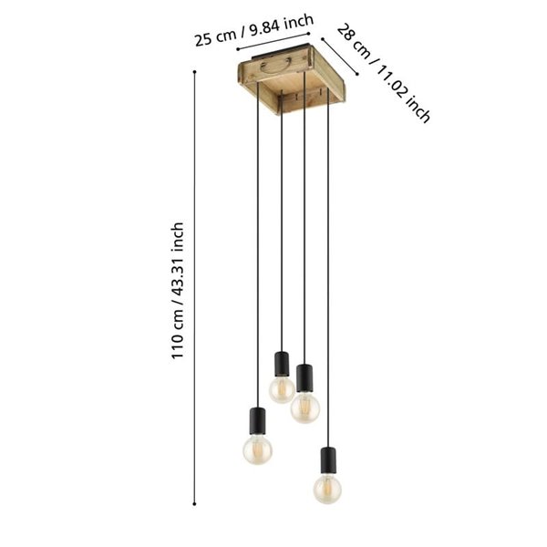 Candeeiro suspenso WOOTTON com caixa de madeira vintage e 4 suportes de metal preto, 4XE27