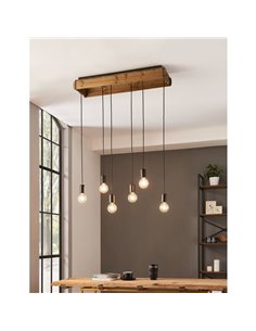 Lampe à suspension WOOTTON avec boîte en bois vintage et 6 supports de lampe en métal noir, 6XE27 2