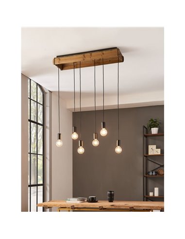 Lámpara Colgante WOOTTON con Caja de Madera Vintage y 6 Portalámparas de Metal Negro, 6XE27