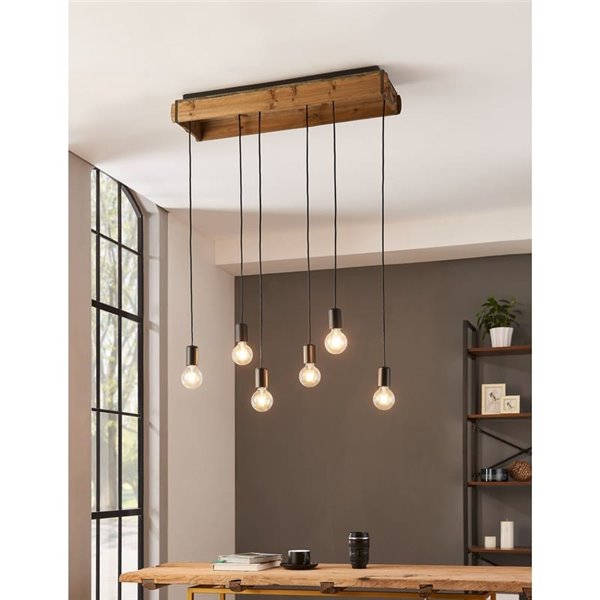 Candeeiro suspenso WOOTTON com caixa de madeira vintage e 6 suportes de metal preto, 6XE27