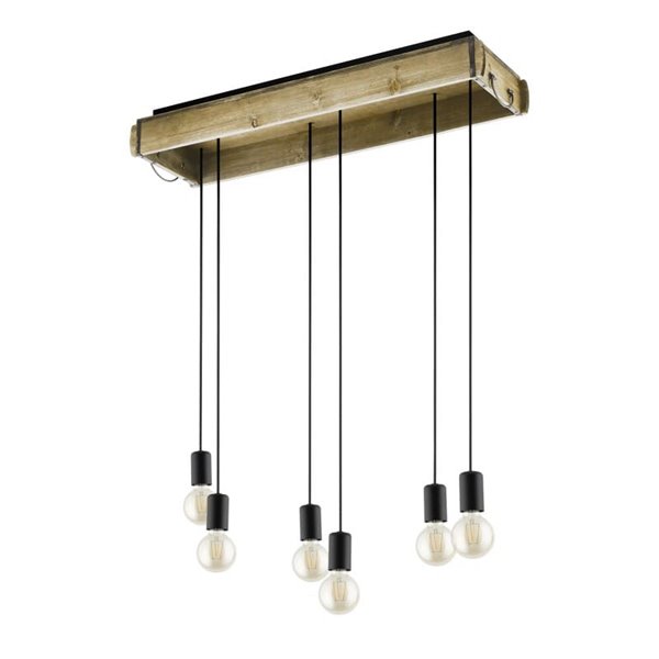 Lámpara Colgante WOOTTON con Caja de Madera Vintage y 6 Portalámparas de Metal Negro, 6XE27