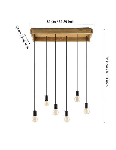 Lámpara Colgante WOOTTON con Caja de Madera Vintage y 6 Portalámparas de Metal Negro, 6XE27