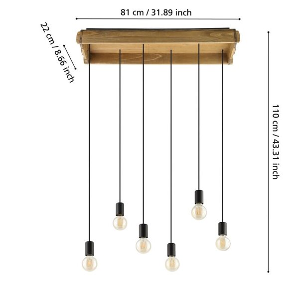 Candeeiro suspenso WOOTTON com caixa de madeira vintage e 6 suportes de metal preto, 6XE27