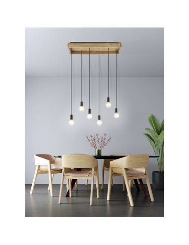 Candeeiro suspenso WOOTTON com caixa de madeira vintage e 6 suportes de metal preto, 6XE27