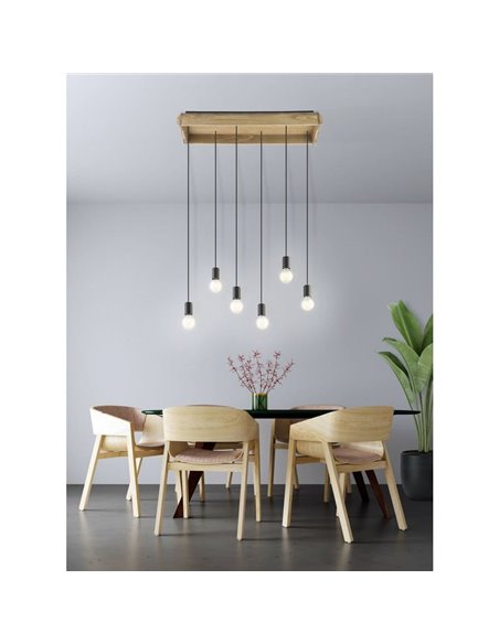Lámpara Colgante WOOTTON con Caja de Madera Vintage y 6 Portalámparas de Metal Negro, 6XE27