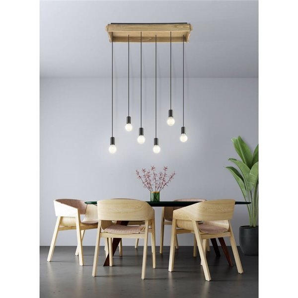 Lámpara Colgante WOOTTON con Caja de Madera Vintage y 6 Portalámparas de Metal Negro, 6XE27