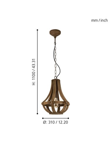 Lámpara Colgante Rústica KINROSS con Cuerpo de Madera Marrón, Ø31cm, E27
