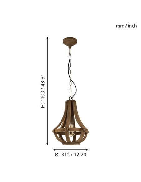 Lámpara Colgante Rústica KINROSS con Cuerpo de Madera Marrón, Ø31cm, E27