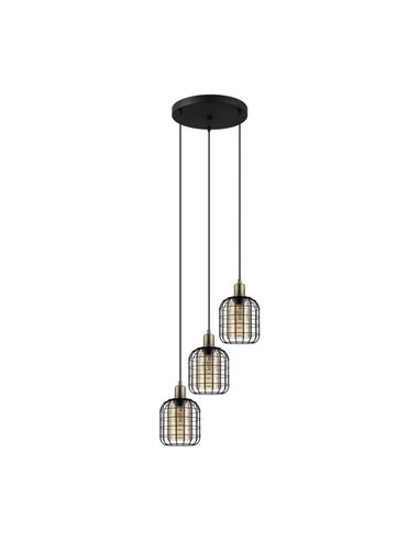Candeeiro suspenso de base circular CHISLE com 3 luzes e cestos de arame preto e vidro âmbar, 3XE27