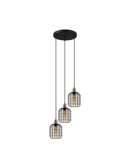 Lámpara Colgante base circular CHISLE de 3 Luces con Cestas de Alambre Negro y Vidrio Ámbar, 3XE27