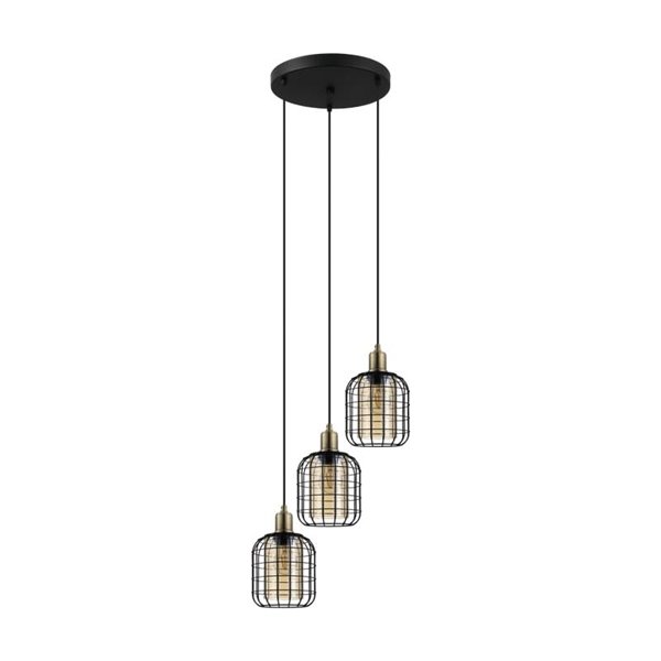Lámpara Colgante base circular CHISLE de 3 Luces con Cestas de Alambre Negro y Vidrio Ámbar, 3XE27