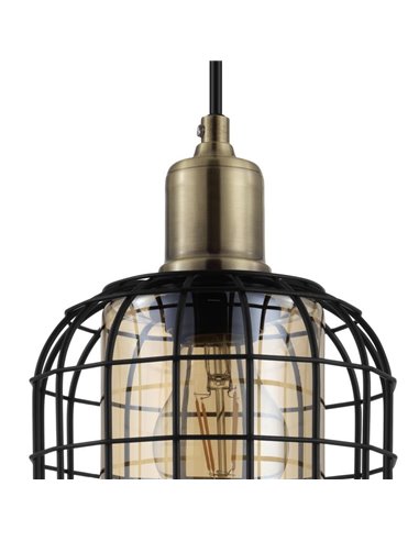 Lámpara Colgante base circular CHISLE de 3 Luces con Cestas de Alambre Negro y Vidrio Ámbar, 3XE27