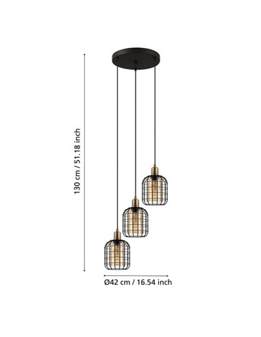Lámpara Colgante base circular CHISLE de 3 Luces con Cestas de Alambre Negro y Vidrio Ámbar, 3XE27