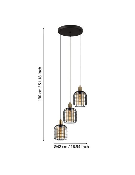 Lámpara Colgante base circular CHISLE de 3 Luces con Cestas de Alambre Negro y Vidrio Ámbar, 3XE27