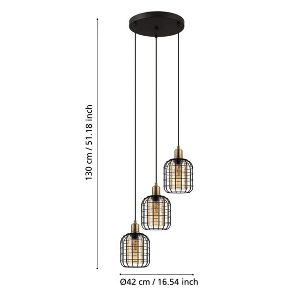 Lámpara Colgante base circular CHISLE de 3 Luces con Cestas de Alambre Negro y Vidrio Ámbar, 3XE27