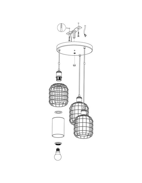 Lámpara Colgante base circular CHISLE de 3 Luces con Cestas de Alambre Negro y Vidrio Ámbar, 3XE27
