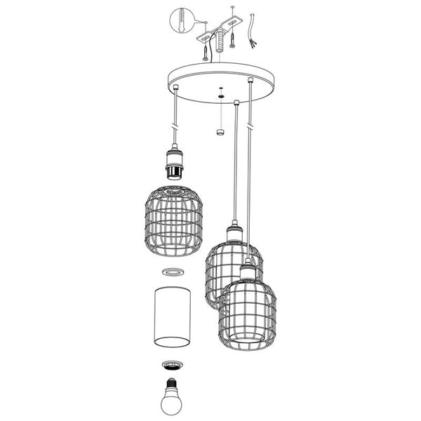 Lámpara Colgante base circular CHISLE de 3 Luces con Cestas de Alambre Negro y Vidrio Ámbar, 3XE27