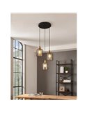 Lámpara Colgante base circular CHISLE de 3 Luces con Cestas de Alambre Negro y Vidrio Ámbar, 3XE27
