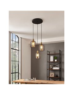 Lámpara Colgante base circular CHISLE de 3 Luces con Cestas de Alambre Negro y Vidrio Ámbar, 3XE27 2