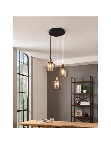 Lámpara Colgante base circular CHISLE de 3 Luces con Cestas de Alambre Negro y Vidrio Ámbar, 3XE27