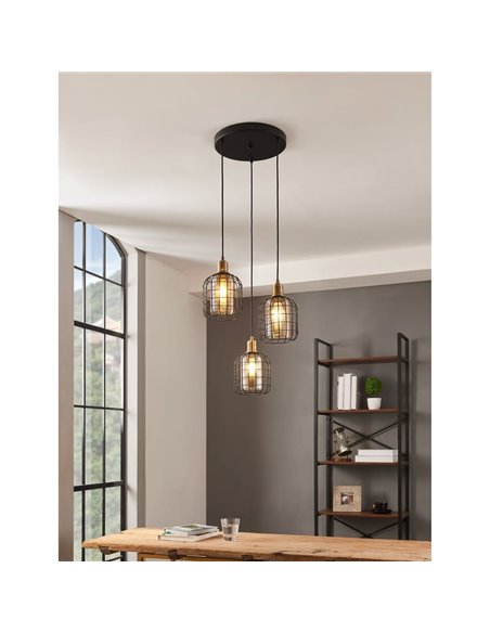 Lámpara Colgante base circular CHISLE de 3 Luces con Cestas de Alambre Negro y Vidrio Ámbar, 3XE27