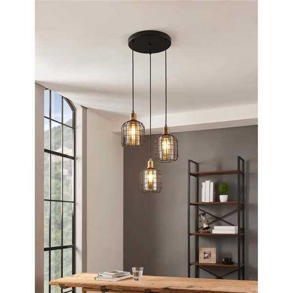 Lámpara Colgante base circular CHISLE de 3 Luces con Cestas de Alambre Negro y Vidrio Ámbar, 3XE27