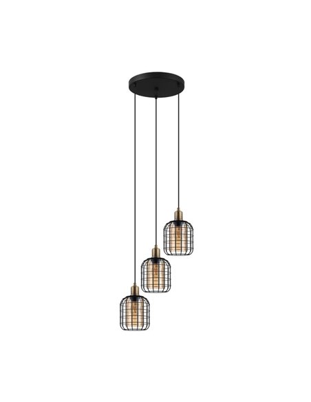 Lámpara Colgante base circular CHISLE de 3 Luces con Cestas de Alambre Negro y Vidrio Ámbar, 3XE27