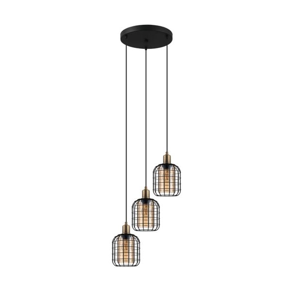 Lámpara Colgante base circular CHISLE de 3 Luces con Cestas de Alambre Negro y Vidrio Ámbar, 3XE27