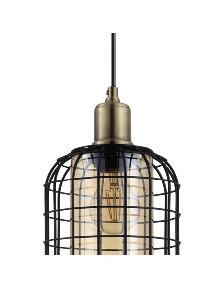 Lámpara Colgante lineal CHISLE de 4 Luces con Cestas de Alambre Negro y Vidrio Ámbar, E27