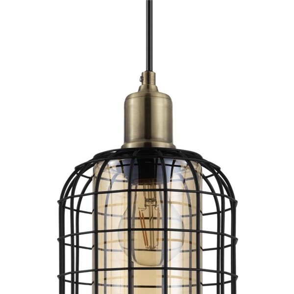 Lámpara Colgante lineal CHISLE de 4 Luces con Cestas de Alambre Negro y Vidrio Ámbar, E27