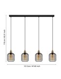 Lámpara Colgante lineal CHISLE de 4 Luces con Cestas de Alambre Negro y Vidrio Ámbar, E27