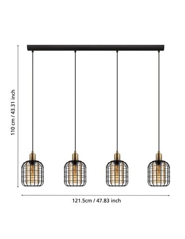 Lámpara Colgante lineal CHISLE de 4 Luces con Cestas de Alambre Negro y Vidrio Ámbar, E27