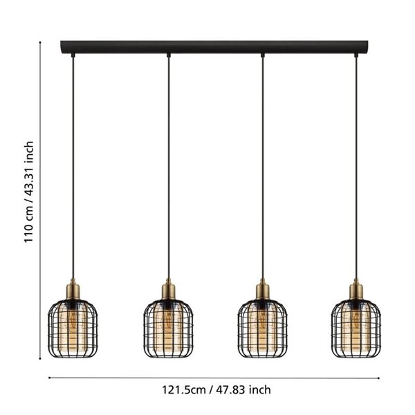 Lámpara Colgante lineal CHISLE de 4 Luces con Cestas de Alambre Negro y Vidrio Ámbar, E27