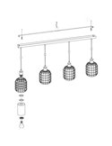 Lámpara Colgante lineal CHISLE de 4 Luces con Cestas de Alambre Negro y Vidrio Ámbar, E27