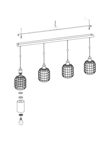 Lámpara Colgante lineal CHISLE de 4 Luces con Cestas de Alambre Negro y Vidrio Ámbar, E27