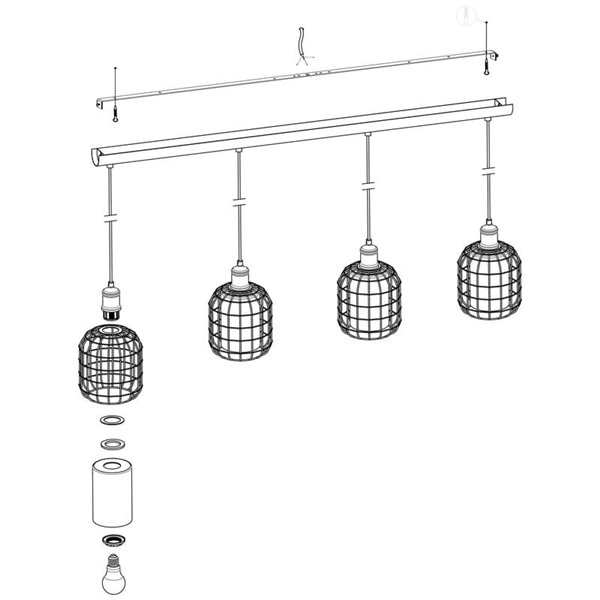 Lámpara Colgante lineal CHISLE de 4 Luces con Cestas de Alambre Negro y Vidrio Ámbar, E27