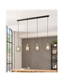 Lámpara Colgante lineal CHISLE de 4 Luces con Cestas de Alambre Negro y Vidrio Ámbar, E27