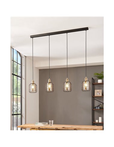 Lámpara Colgante lineal CHISLE de 4 Luces con Cestas de Alambre Negro y Vidrio Ámbar, E27