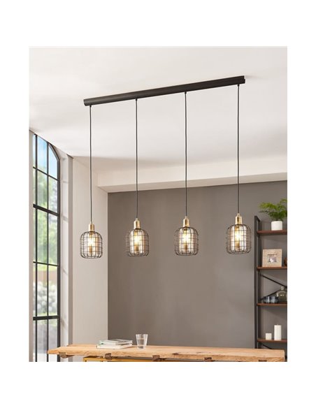 Lámpara Colgante lineal CHISLE de 4 Luces con Cestas de Alambre Negro y Vidrio Ámbar, E27